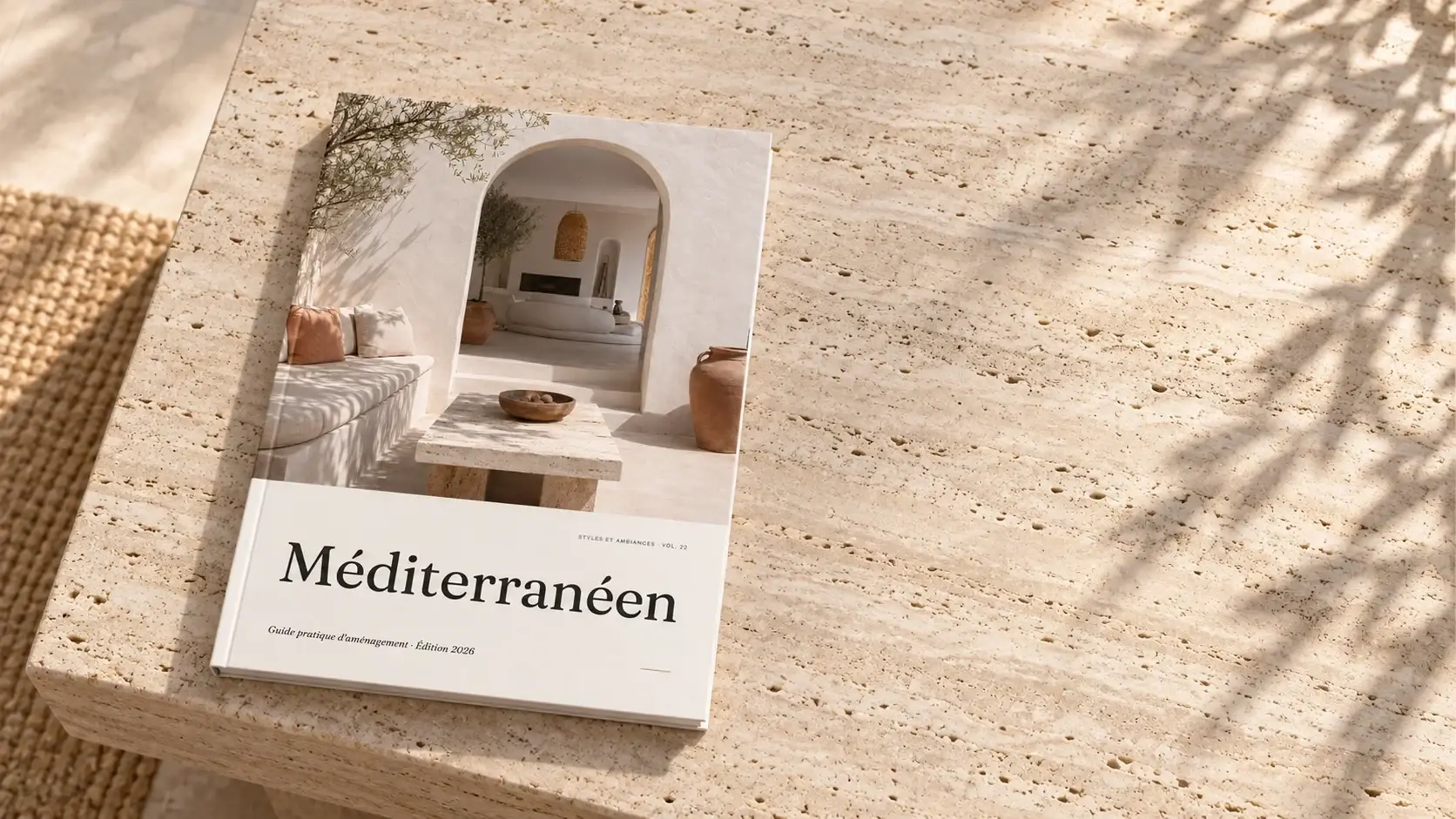 Le book Méditerranéen posé sur une table en travertin.