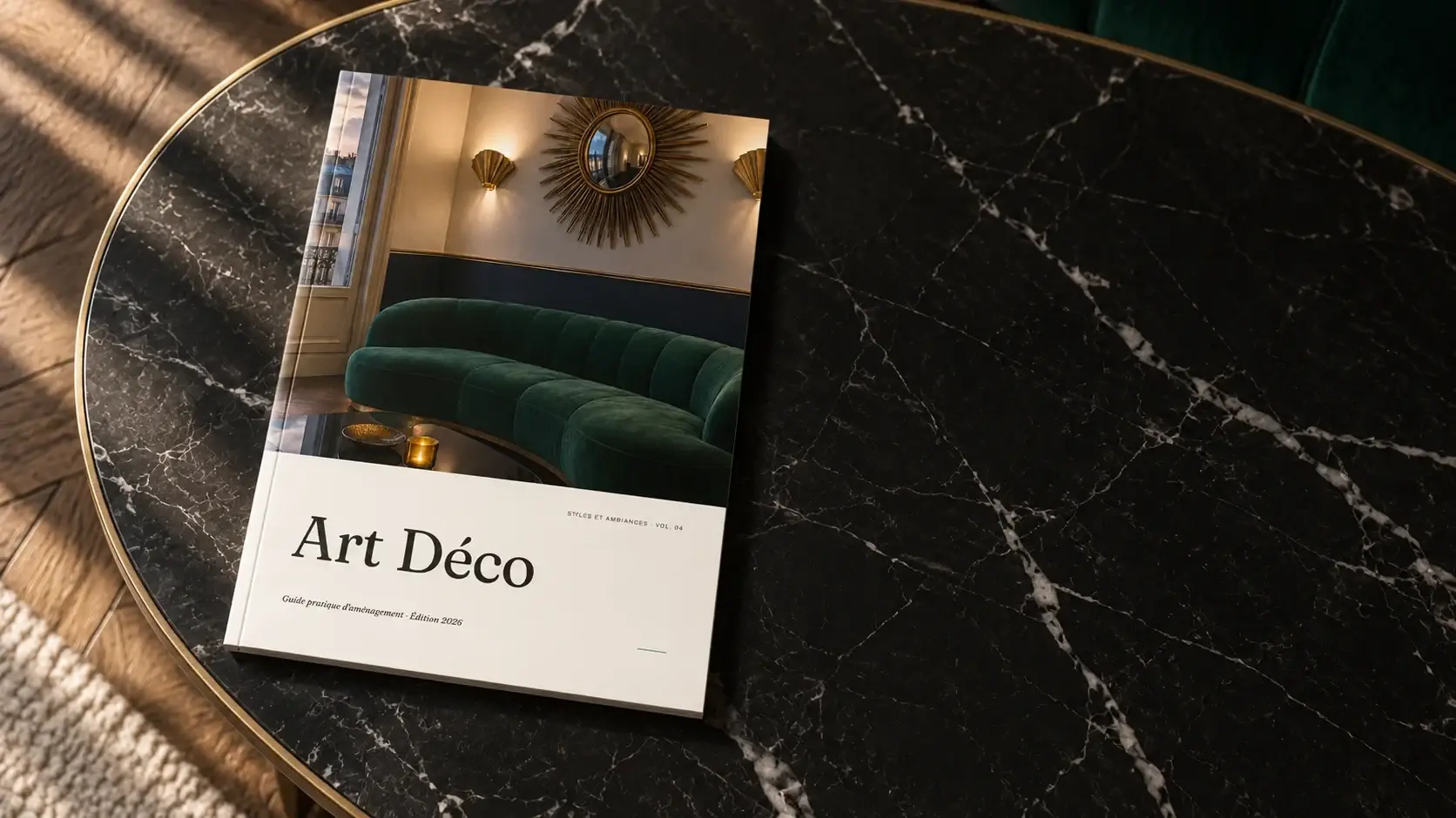 Le book Art déco posé sur une table en marbre noir cerclée de laiton.