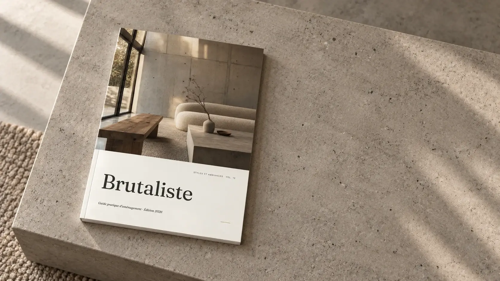 Le book Brutaliste posé sur une table en béton brut.