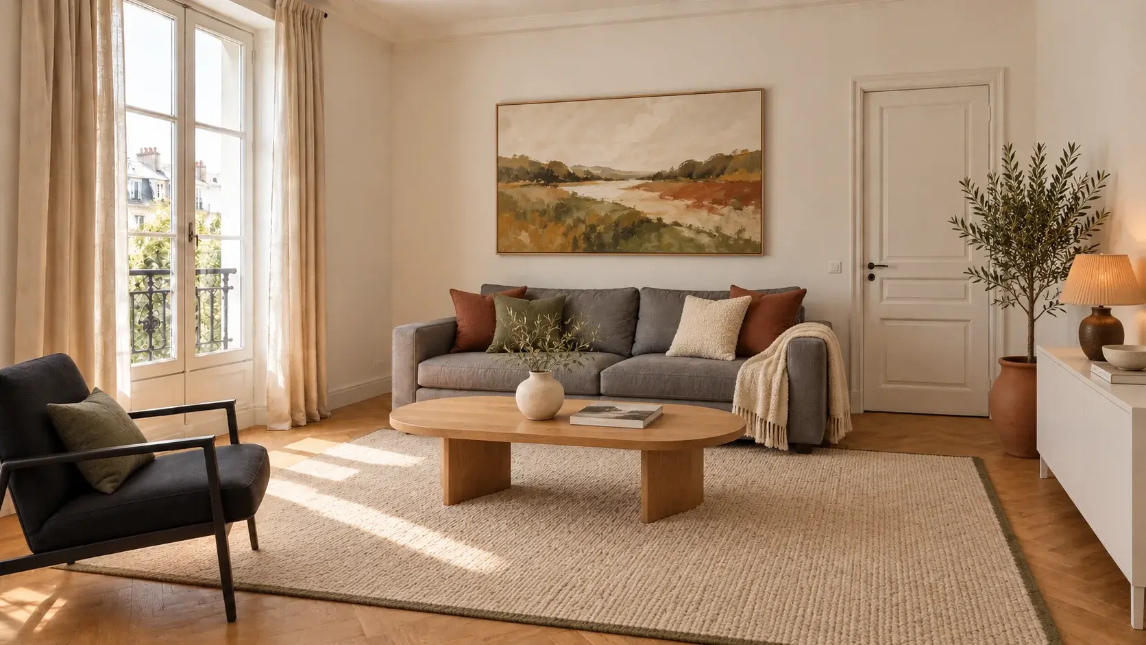 Le même salon réaménagé : table arrondie en chêne, grand tapis, coussins terracotta, grand tableau, olivier et lampe ambrée.