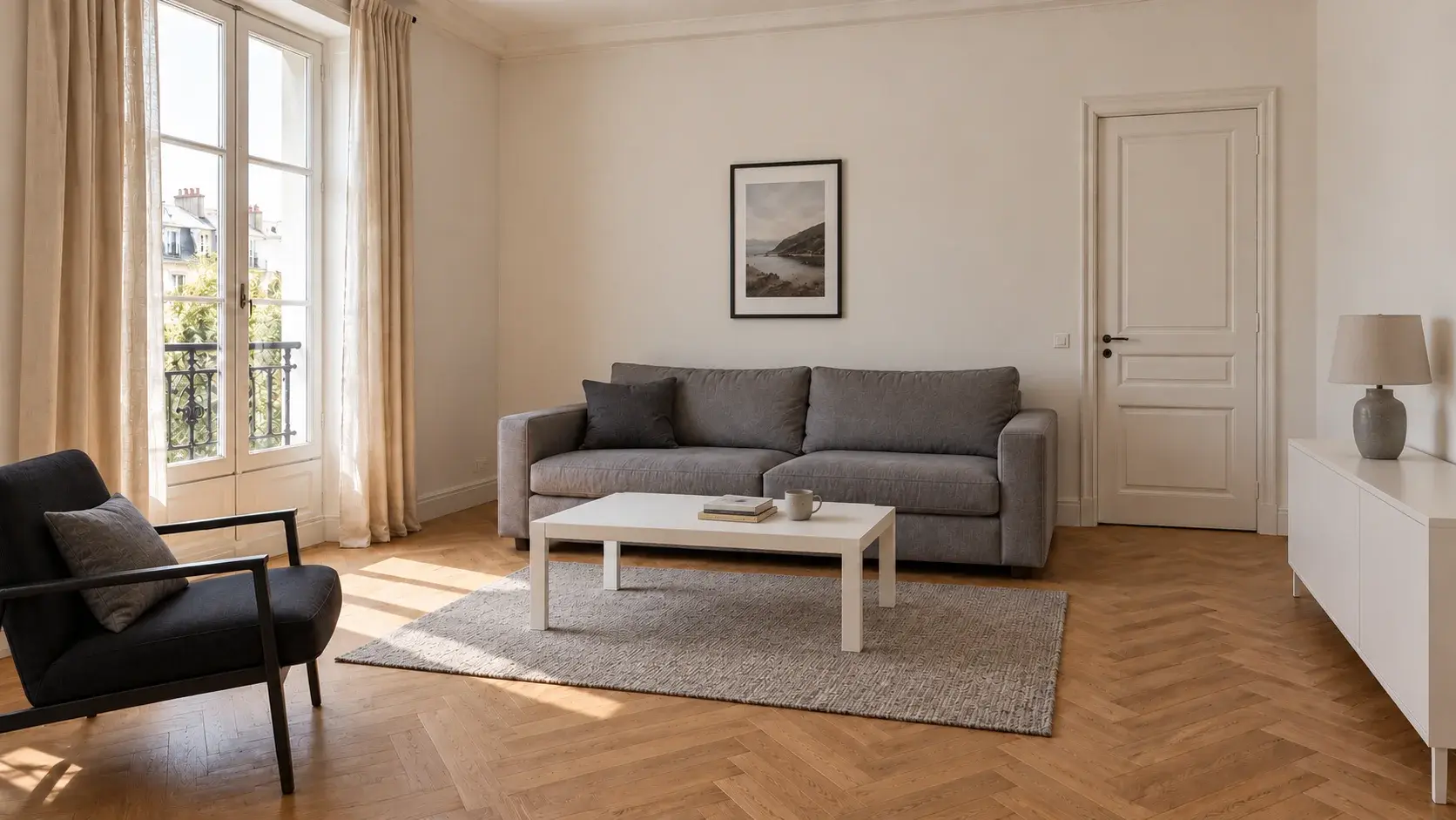 Un salon parisien avant intervention : canapé gris, fauteuil sombre, buffet blanc, table basse blanche.