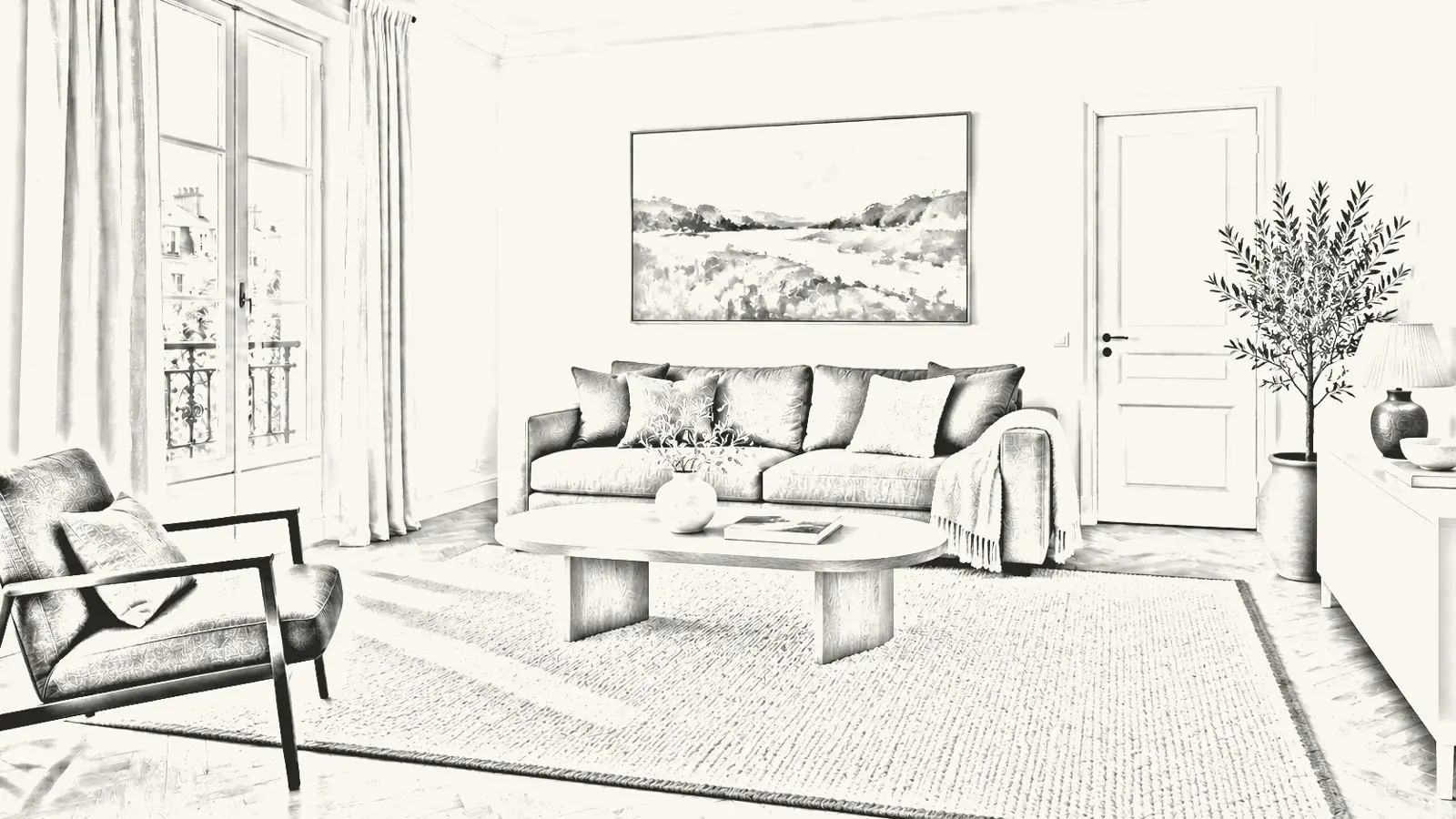 Esquisse au crayon du salon recomposé : canapé conservé, table basse arrondie, grand tapis, tableau de paysage, lampe et olivier.