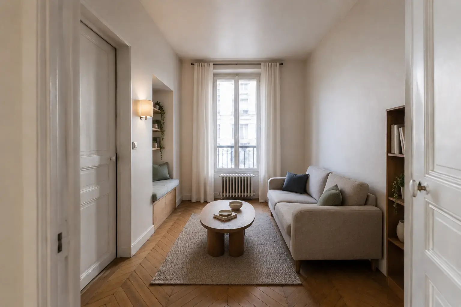 Après : le même salon réorganisé avec canapé compact, banquette intégrée, rangements et palette chaleureuse.