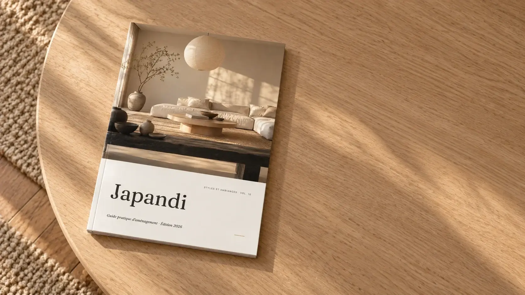 Le book Japandi posé sur une table ronde en chêne, lumière de fenêtre.